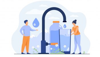 Pure fresh water concept. Tiny woman pouring clean water from faucet with mountain landscape in background. Vector illustration for natural drink, healthy environment concept